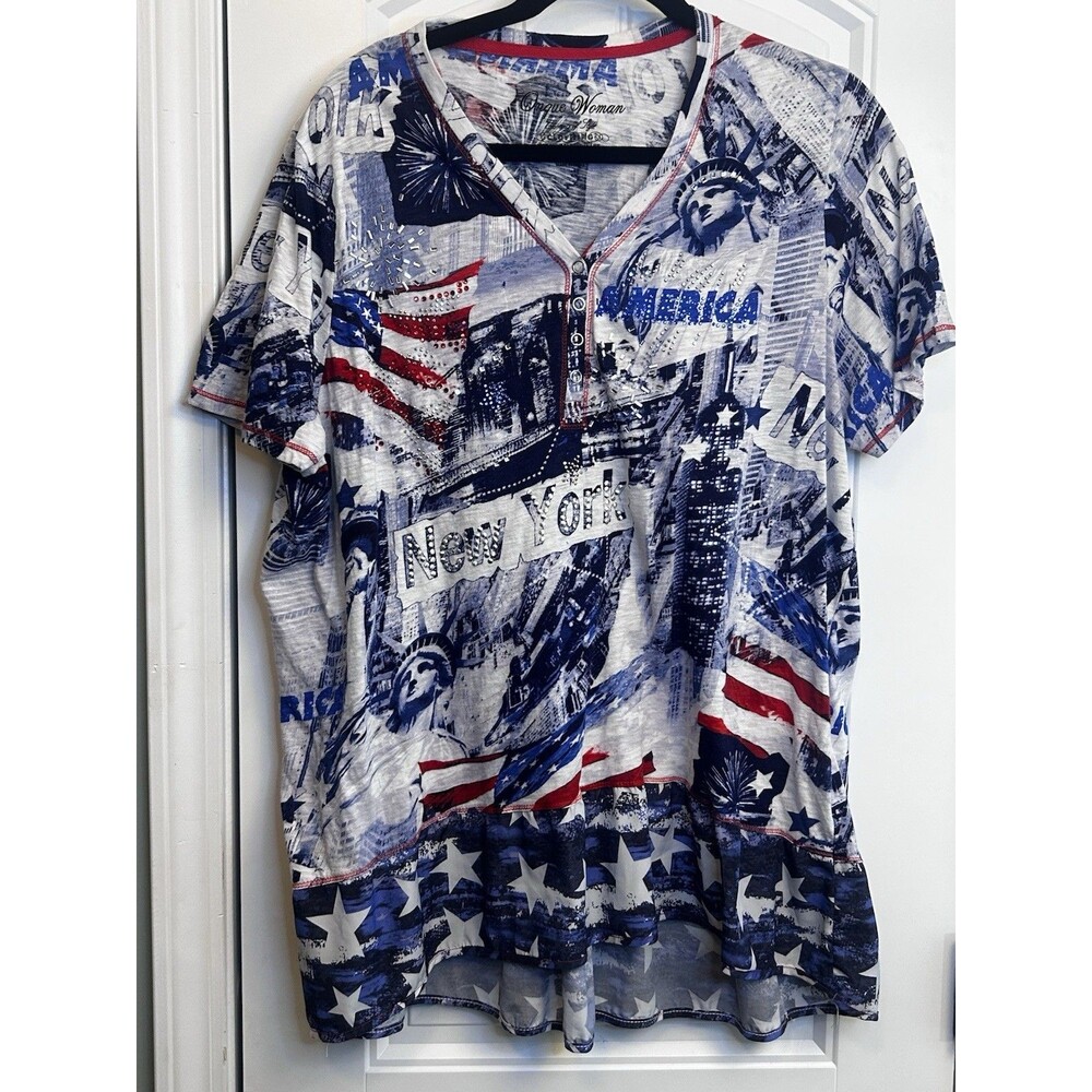 Unique Woman 2X Patriotic Stars Graphic Tunic T-Shirt V-Neck Rhinestone Button - Picture 2 of 16